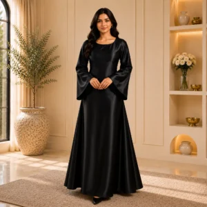 Women’s Black Satin Modest Gown – Elegant Full Sleeve Dress