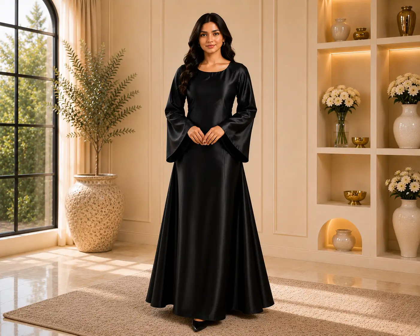 Women’s Black Satin Modest Gown – Elegant Full Sleeve Dress