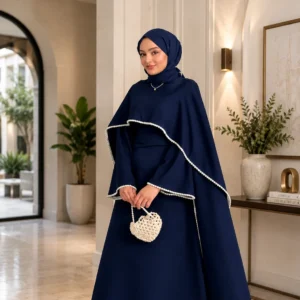 Women’s Designer Navy Blue Modest Gown with Cape – Elegant Party Wear