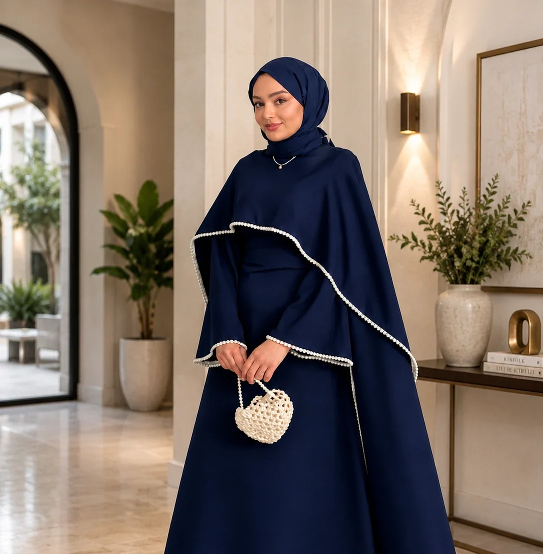 Women’s Designer Navy Blue Modest Gown with Cape – Elegant Party Wear