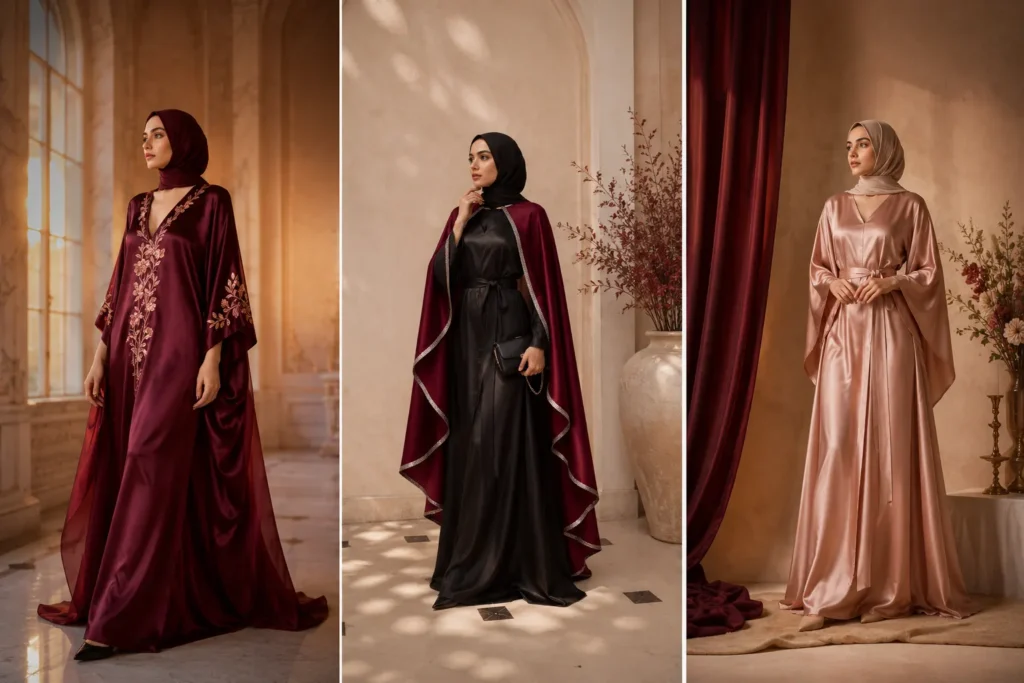 Elegant woman, wearing luxury satin fashion in a modern outdoor setting, yourfitwear