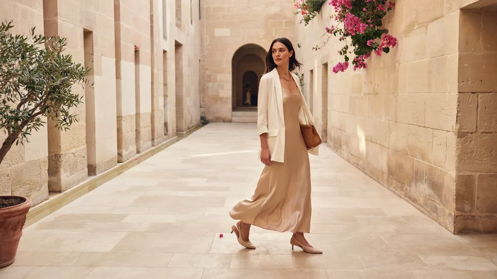 Elegant woman wearing luxury satin fashion in a premium outdoor location