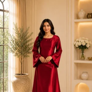 Women’s Maroon Satin Modest Gown – Elegant Full Sleeve