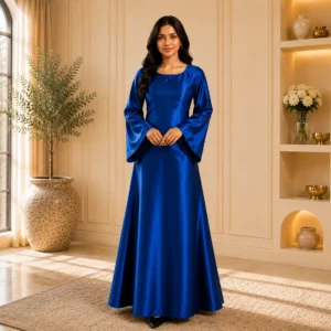 Women’s Navy Blue Satin Modest Gown – Elegant Full Sleeve
