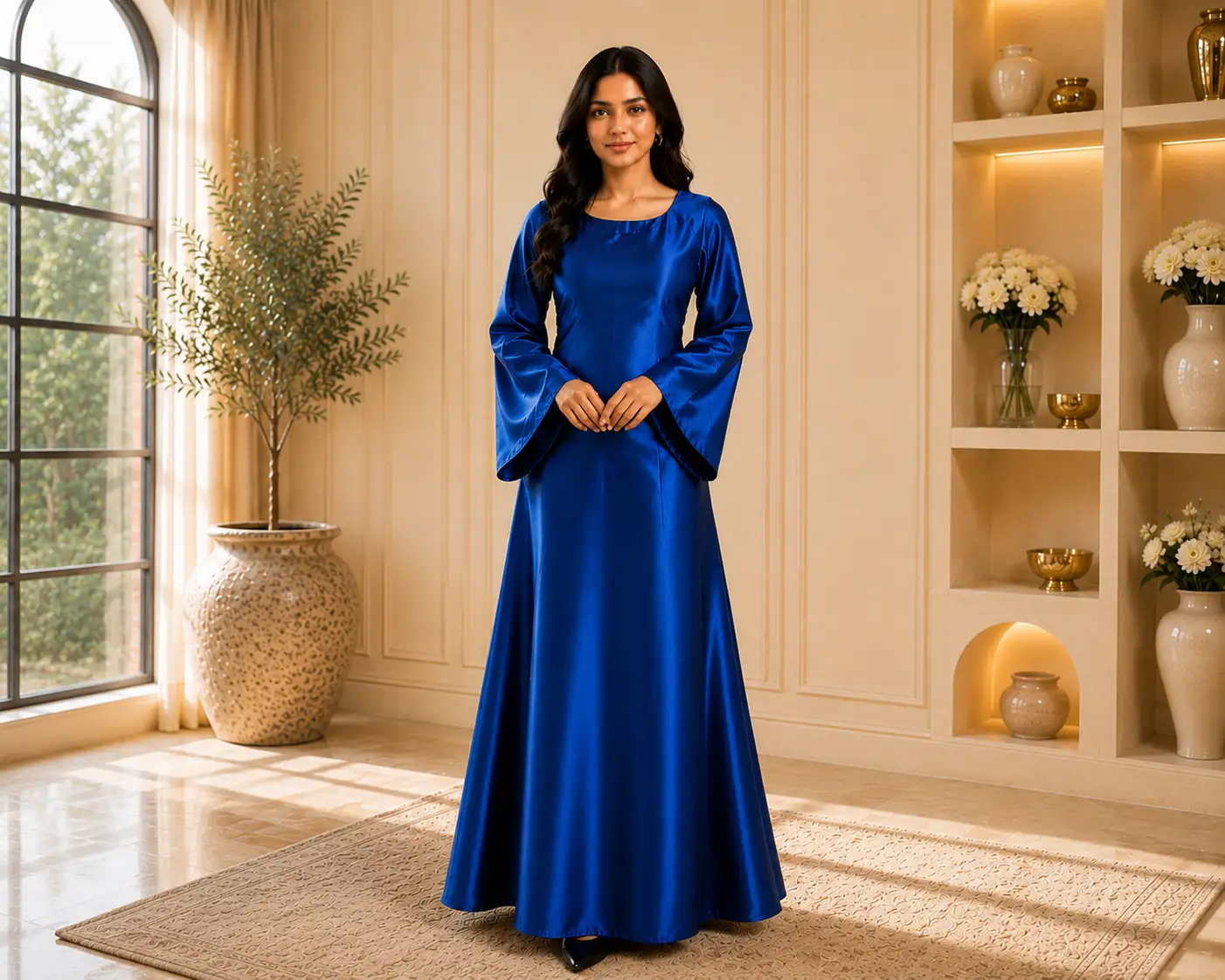 Women’s Navy Blue Satin Modest Gown – Elegant Full Sleeve