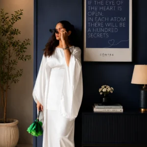 White Satin Kaftan Top for Women – Elegant Loose Fit Long Sleeve Kaftan