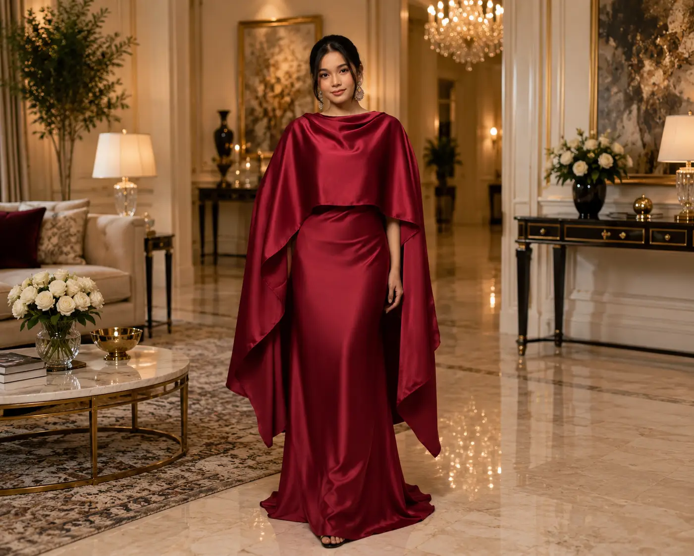 Women’s Wine Satin Cape Gown – Designer Modest Party Wear